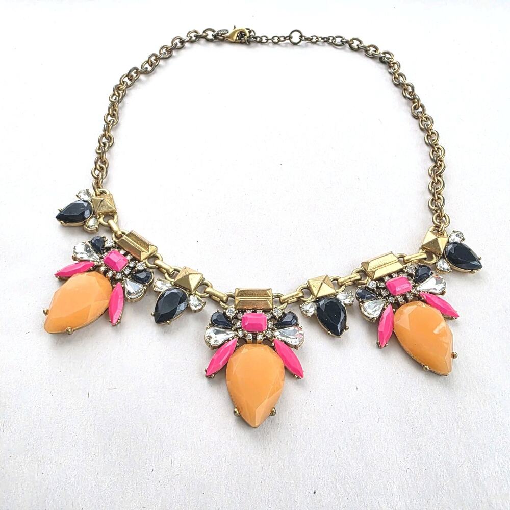 Vtg J.CREW Gold Tone Crystal Peach Pink & Navy Rhinestone Statement Necklace